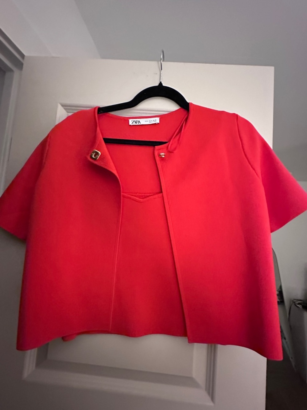 Zara Red Cropped Knit Jacket with Gold-Tone Clasps